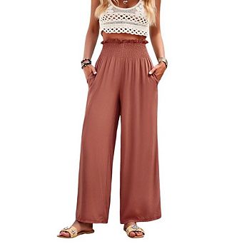 Womens High Waisted Wide Leg Long Pants Elastic Waisted Casual Pull On Beach Trousers