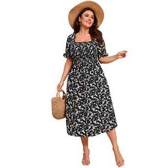 Women's Plus Size Summer Puff Sleeve Floral Dress Square Neck Casual Dress