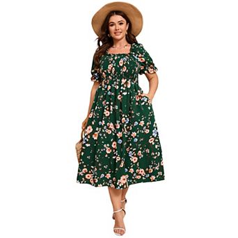 Women's Plus Size Summer Puff Sleeve Floral Dress Square Neck Casual Dress