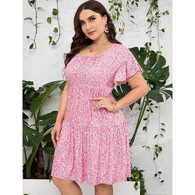 Women's Plus Size Short Sleeve Floral V Neck A-line Dresses