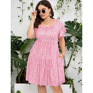 Women's Plus Size Short Sleeve Floral V Neck A-line Dresses
