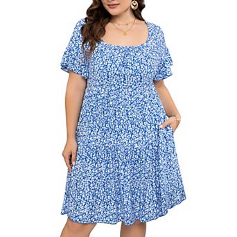 Women's Plus Size Short Sleeve Floral V Neck A-line Dresses