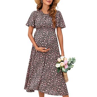 Women Floral Print Puff Sleeve Tiered A-Line Swing Midi Dress with Pockets