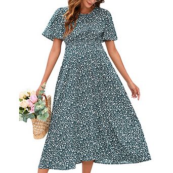 Women Floral Print Puff Sleeve Tiered A-Line Swing Midi Dress with Pockets