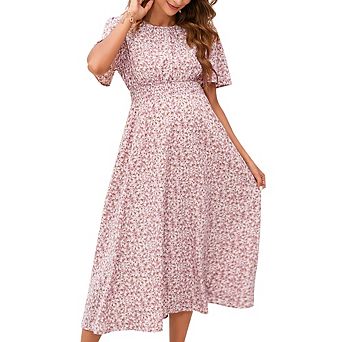 Women Floral Print Puff Sleeve Tiered A-Line Swing Midi Dress with Pockets