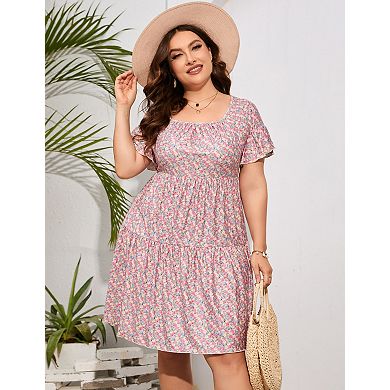 Women's Plus Size V-Neck Dress Short Sleeve Floral A-line Dresses