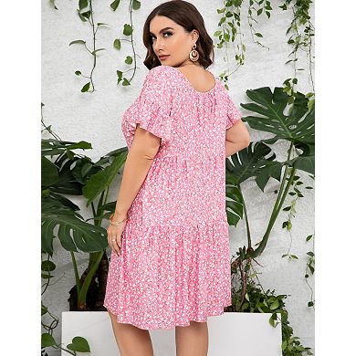 Women's Plus Size V-Neck Dress Short Sleeve Floral A-line Dresses
