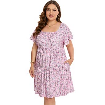 Women's Plus Size V-Neck Dress Short Sleeve Floral A-line Dresses