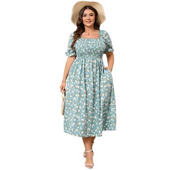 Women's Plus Size Puff Sleeve Floral Dress Square Neck Casual Dress