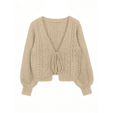 Womens Tie Front Bow Cardigan Sweaters Cropped Cable Knit Long Sleeve Outerwear