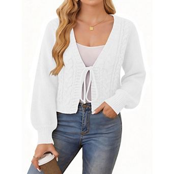 Womens Tie Front Bow Cardigan Sweaters Cropped Cable Knit Long Sleeve Outerwear