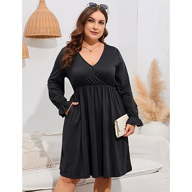 Women's Plus Size V Neck A-Line Knee Length Wrap Swing Dresses