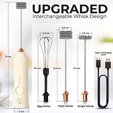 Zulay Kitchen Rechargeable Dynamic Milk Frother - 3 Speeds, 3 Whisk Attachments, 500mAh USB Charging