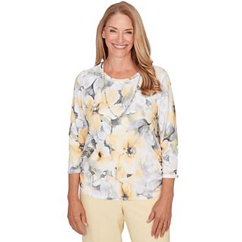 Petite Alfred Dunner Watercolor Floral Side Ruched Top with Necklace