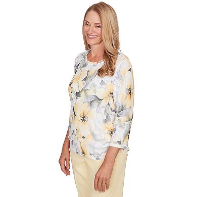 Petite Alfred Dunner Watercolor Floral Side Ruched Top with Necklace