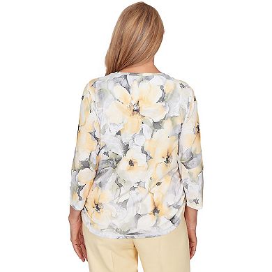 Petite Alfred Dunner Watercolor Floral Side Ruched Top with Necklace