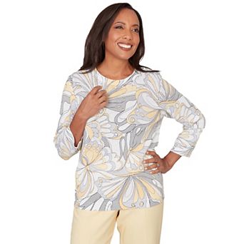 Petite Alfred Dunner Abstract Butterfly Ribbed Crew Neck Sweater