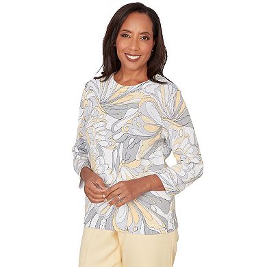 Petite Alfred Dunner Abstract Butterfly Ribbed Crew Neck Sweater