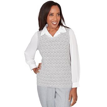 Petite Alfred Dunner Pointelle Faux Pearl Lace Two-in-One Sweater
