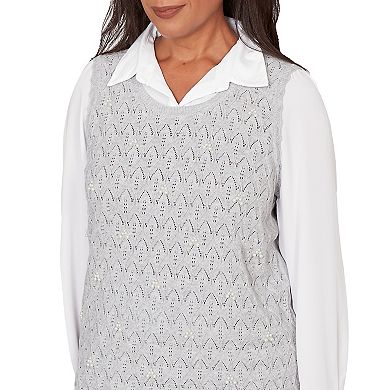 Petite Alfred Dunner Pointelle Faux Pearl Lace Two-in-One Sweater