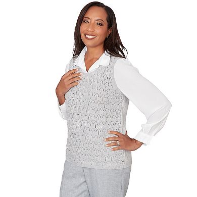 Petite Alfred Dunner Pointelle Faux Pearl Lace Two-in-One Sweater