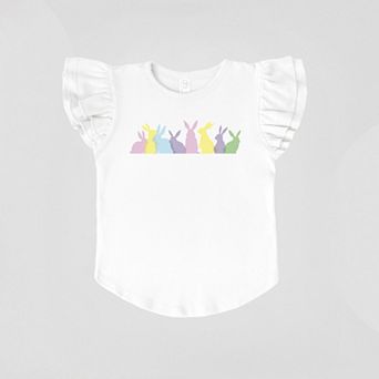 Colorful Bunnies Row - Flutter Sleeve Graphic T-Shirt