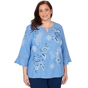 Plus Size Alfred Dunner Floral Textured Embroidered Split Neck Top