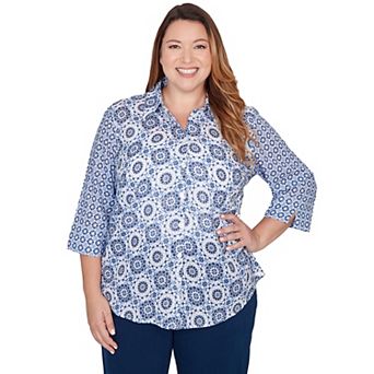 Plus Size Alfred Dunner Geometric Button-Front Collared Top