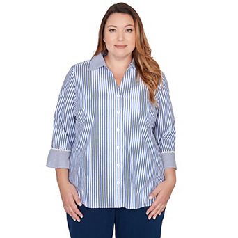 Plus Size Alfred Dunner Mixed Stripe Button-Front Lace Trim Top