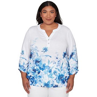 Plus Size Alfred Dunner Watercolor Floral Border Henley Top