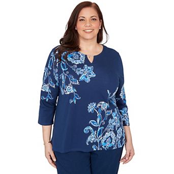Plus Size Alfred Dunner Asymmetrical Floral Split Beaded Neck Top