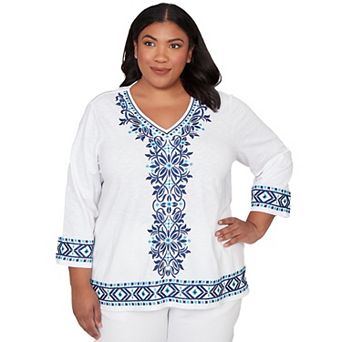 Plus Size Alfred Dunner Scroll Embroidered V-Neck Top