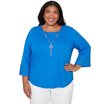 Plus Size Alfred Dunner Eyelet Sleeve Solid Top with Necklace