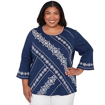 Plus Size Alfred Dunner Diagonal Scroll Embroidered Crew Neck Top