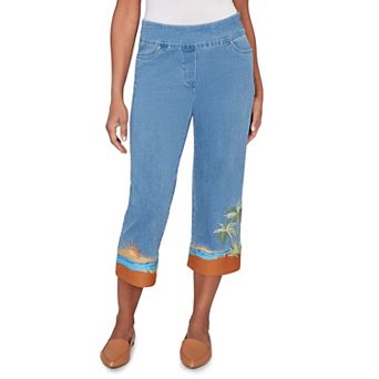 Women's Alfred Dunner Beach Embroidered Cuff Super Stretch Denim Capris
