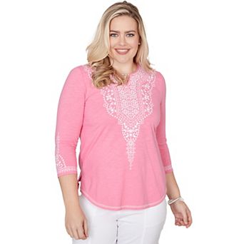 Women's Alfred Dunner Embroidered Split Neck Three Quarter Sleeve Top