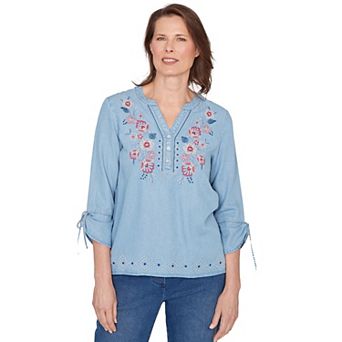 Women's Alfred Dunner Floral Embroidered Tie Sleeve Henley Top