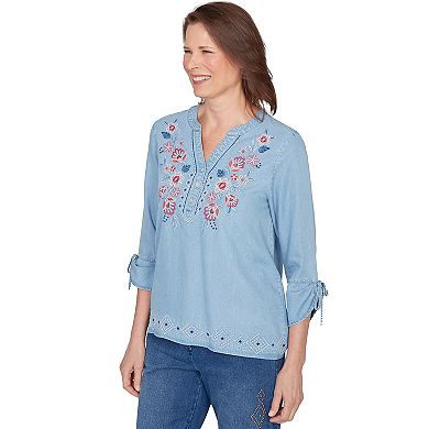 Women's Alfred Dunner Floral Embroidered Tie Sleeve Henley Top