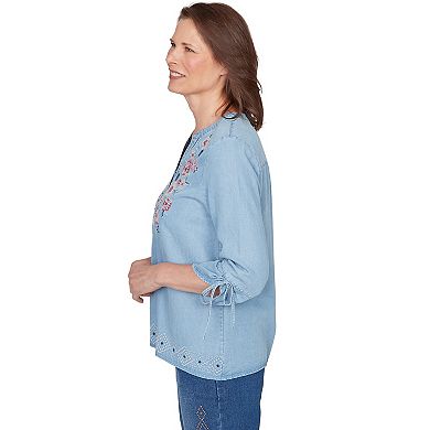Women's Alfred Dunner Floral Embroidered Tie Sleeve Henley Top