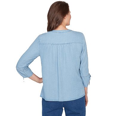 Women's Alfred Dunner Floral Embroidered Tie Sleeve Henley Top