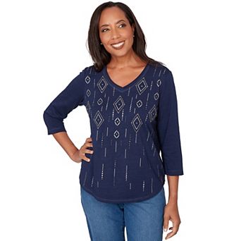 Women's Alfred Dunner Diamond Geometric Heat Set Knit Top with 3/4 Sleeves