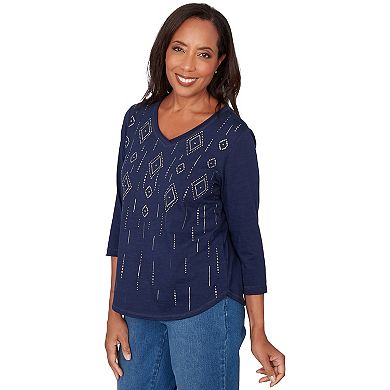 Women's Alfred Dunner Diamond Geometric Heat Set Knit Top with 3/4 Sleeves
