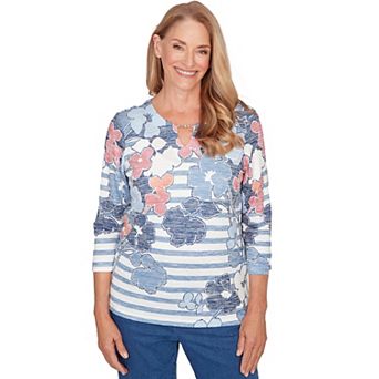 Women's Alfred Dunner Stripe Floral Split Neck Knit Top