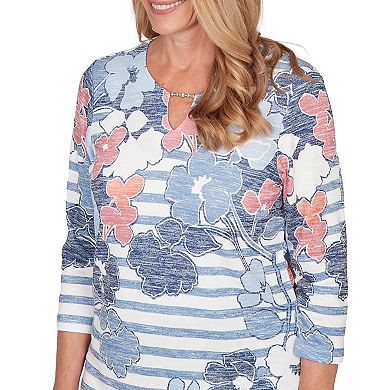 Women's Alfred Dunner Stripe Floral Split Neck Knit Top
