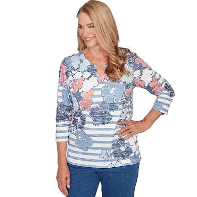 Women's Alfred Dunner Stripe Floral Split Neck Knit Top