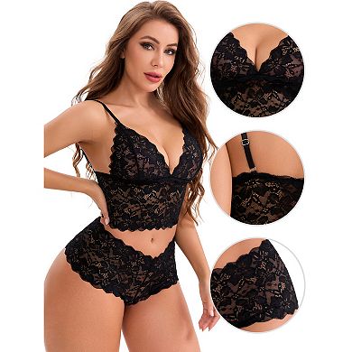 Women's Lace Lingerie Sets Adjustable Spaghetti Straps Deep V Push-Up Tank Bra High Rise Boyshorts