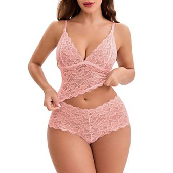 Women's Lace Lingerie Sets Adjustable Spaghetti Straps Deep V Push-Up Tank Bra High Rise Boyshorts
