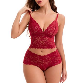 Women's Lace Lingerie Sets Adjustable Spaghetti Straps Deep V Push-Up Tank Bra High Rise Boyshorts