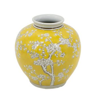 HomeRoots 9" Yellow And White Chinoiserie Floral Porcelain Table Vase
