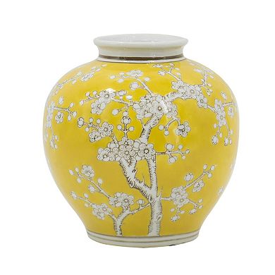 HomeRoots 9" Yellow And White Chinoiserie Floral Porcelain Table Vase